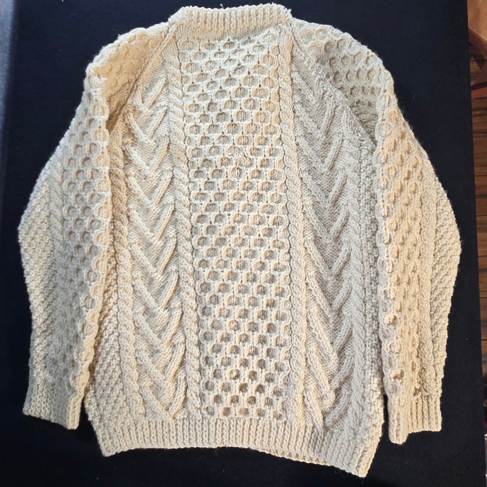 Vintage Handknits Irish Wool Cardigan Cream Aran Cable Knit Sweater Men M *flaw - Picture 2 of 12